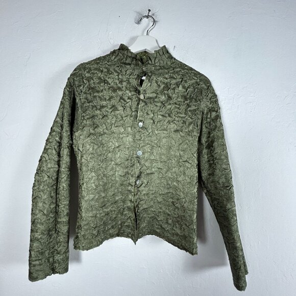 Vintage Women's Button-Up Textured Crinkle Olive Green Reversible Jacket Casual - Picture 1 of 7